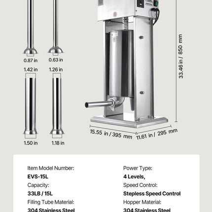 Electric Sausage Stuffer, 33 LBS / 15 L Vertical Meat Stuffer, Stepless Speed Control and Foot Pedal, Stainless Steel Heavy Duty Sausage Filler with 4 Stuffing Tubes, for Commercial & Home Use.
