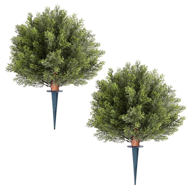 Artificial Topiary Cypress Trees with Ground Spike, 2 Set 406mm Faux Shrubs & Bushes Potted Plants, Fake Silk Tree Look Real for Decor Front Porch Outdoor Indoor Patio Garden Balcony Backyard.
