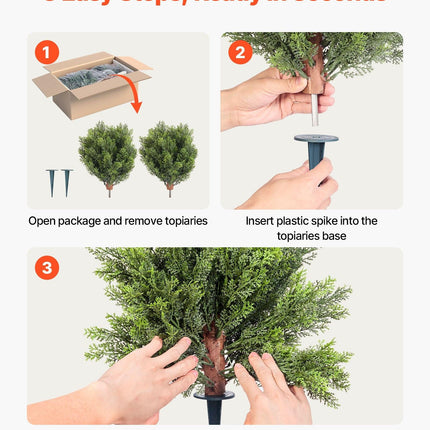 Artificial Topiary Cypress Trees with Ground Spike, 2 Set 406mm Faux Shrubs & Bushes Potted Plants, Fake Silk Tree Look Real for Decor Front Porch Outdoor Indoor Patio Garden Balcony Backyard.