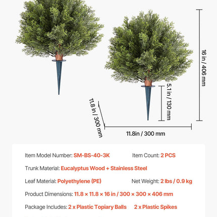 Artificial Topiary Cypress Trees with Ground Spike, 2 Set 406mm Faux Shrubs & Bushes Potted Plants, Fake Silk Tree Look Real for Decor Front Porch Outdoor Indoor Patio Garden Balcony Backyard.