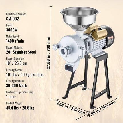 3000W Electric Grain Grinder Corn Wheat Flour Cereal Mill Wet & Dry.