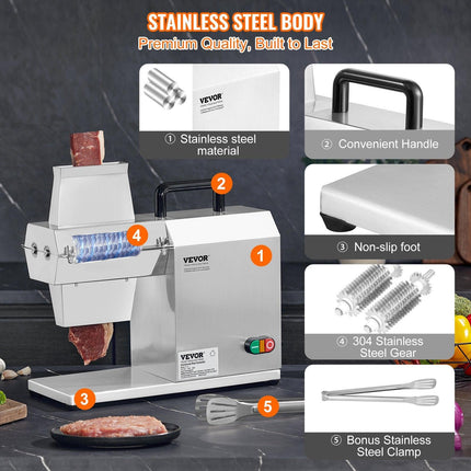 Commercial Meat Tenderizer, Heavy Duty Stainless Steel Kitchen Tool with Handle, Meat Tong, and Cleaning Brush, 450W Electric Meat Tenderizer Machine for Beef, Turkey, Chicken, Pork, and Fish.