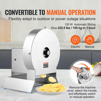 Electric Vegetable Slicer, 0-0.5"/0-12mm Thickness Adjustable Commercial Slicer Machine, Convertible to Manual, Stainless Steel Food Cutter Slicing Machine, Large Feed Port for Potato, Tomato.