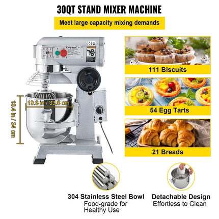 Commercial Food Mixer 30Qt, Food Mixer Commercial with Timing Function, 1100W Stainless Steel Bowl Heavy Duty Electric Commercial Mixer with 3 Speeds Adjustable 108/199/382 RPM, Dough Hook Whisk.