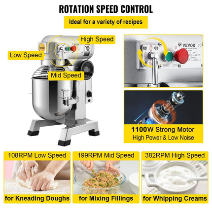 Commercial Food Mixer 30Qt, Food Mixer Commercial with Timing Function, 1100W Stainless Steel Bowl Heavy Duty Electric Commercial Mixer with 3 Speeds Adjustable 108/199/382 RPM, Dough Hook Whisk.