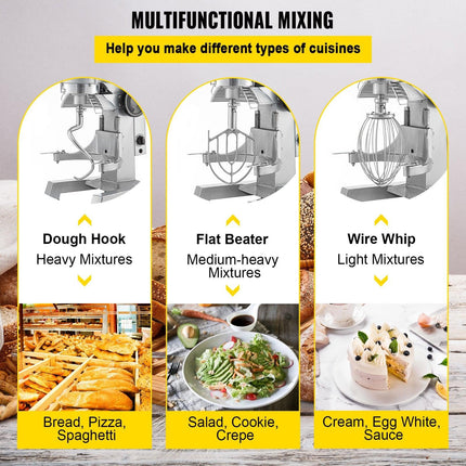 Commercial Food Mixer 30Qt, Food Mixer Commercial with Timing Function, 1100W Stainless Steel Bowl Heavy Duty Electric Commercial Mixer with 3 Speeds Adjustable 108/199/382 RPM, Dough Hook Whisk.