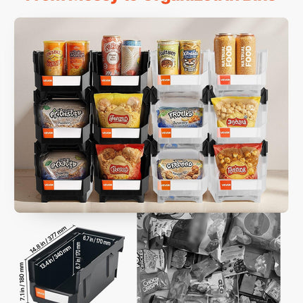 Plastic Stackable Storage Bins, 37.7 x 21.5 x 18 cm (12 Pack), Plastic Containers for Organizing & Storage Bins for Garage, Small Parts, Office Supplies, Other Accessories, Black & Transparent.