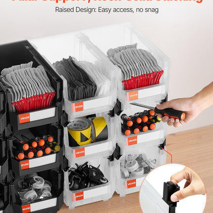 Plastic Stackable Storage Bins, 37.7 x 21.5 x 18 cm (12 Pack), Plastic Containers for Organizing & Storage Bins for Garage, Small Parts, Office Supplies, Other Accessories, Black & Transparent.
