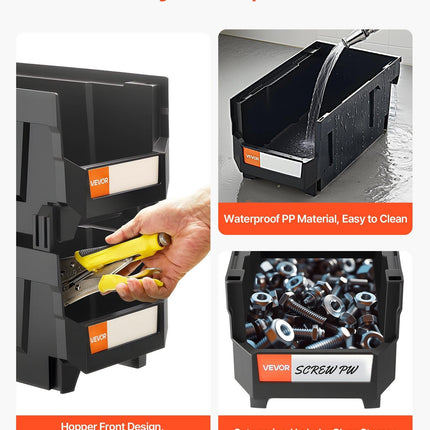 Plastic Stackable Storage Bins, 37.7 x 21.5 x 18 cm (12 Pack), Plastic Containers for Organizing & Storage Bins for Garage, Small Parts, Office Supplies, Other Accessories, Black & Transparent.