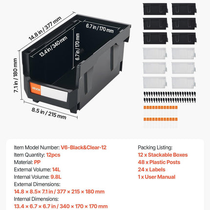Plastic Stackable Storage Bins, 37.7 x 21.5 x 18 cm (12 Pack), Plastic Containers for Organizing & Storage Bins for Garage, Small Parts, Office Supplies, Other Accessories, Black & Transparent.
