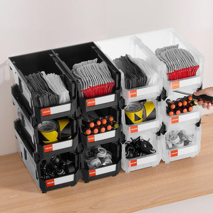 Plastic Stackable Storage Bins, 37.7 x 21.5 x 18 cm (12 Pack), Plastic Containers for Organizing & Storage Bins for Garage, Small Parts, Office Supplies, Other Accessories, Black & Transparent.