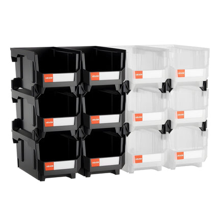 Plastic Stackable Storage Bins, 37.7 x 21.5 x 18 cm (12 Pack), Plastic Containers for Organizing & Storage Bins for Garage, Small Parts, Office Supplies, Other Accessories, Black & Transparent.