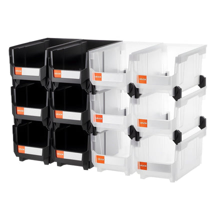 Plastic Stackable Storage Bins, 37.7 x 21.5 x 18 cm (12 Pack), Plastic Containers for Organizing & Storage Bins for Garage, Small Parts, Office Supplies, Other Accessories, Black & Transparent.