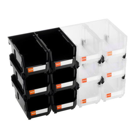 Plastic Stackable Storage Bins, 37.7 x 21.5 x 18 cm (12 Pack), Plastic Containers for Organizing & Storage Bins for Garage, Small Parts, Office Supplies, Other Accessories, Black & Transparent.