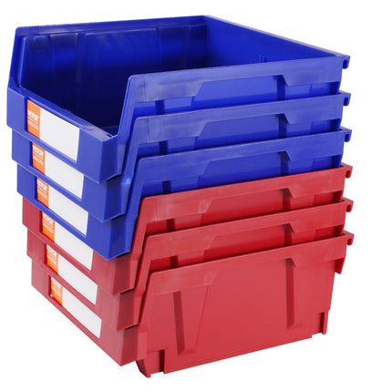 Plastic Storage Bin, (276 mm x 279 mm x 128 mm), Hanging Stackable Storage Organizer Bin, Blue/Red, 6-Pack, Heavy Duty Stacking Containers for Closet, Kitchen, Office, or Pantry Organization.