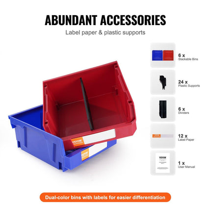 Plastic Storage Bin, (276 mm x 279 mm x 128 mm), Hanging Stackable Storage Organizer Bin, Blue/Red, 6-Pack, Heavy Duty Stacking Containers for Closet, Kitchen, Office, or Pantry Organization.