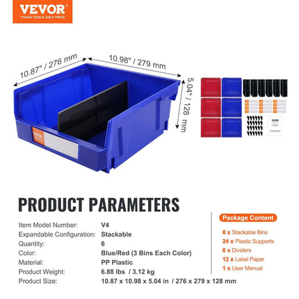 Plastic Storage Bin, (276 mm x 279 mm x 128 mm), Hanging Stackable Storage Organizer Bin, Blue/Red, 6-Pack, Heavy Duty Stacking Containers for Closet, Kitchen, Office, or Pantry Organization.
