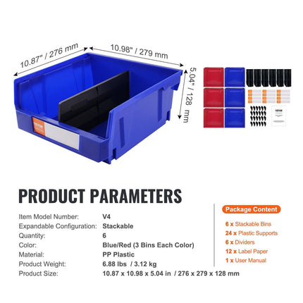 Plastic Storage Bin, (276 mm x 279 mm x 128 mm), Hanging Stackable Storage Organizer Bin, Blue/Red, 6-Pack, Heavy Duty Stacking Containers for Closet, Kitchen, Office, or Pantry Organization.