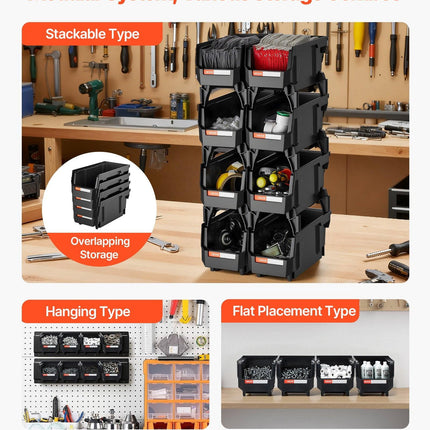 Plastic Stackable Storage Bins, 27.6 x 14 x 13 cm (8 Pack), Plastic Containers for Organizing and Storage Bins for Closet, Garage, Small Parts, Office Supplies and Other Accessories, Black.