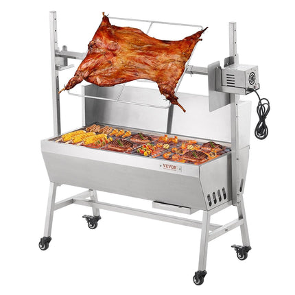 Rotisserie Grill with Windscreen, BBQ Whole Pig Lamb Goat Charcoal Spit Grill, 35 Inch 90 Lbs Capacity, Electric 42W Motor Stainless Steel Roaster with Lockable Wheels, for Camping Outdoor.