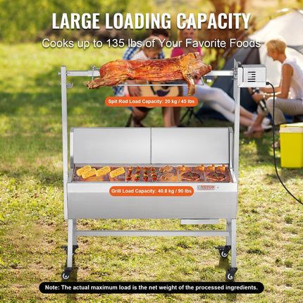 Rotisserie Grill with Windscreen, BBQ Whole Pig Lamb Goat Charcoal Spit Grill, 35 Inch 90 Lbs Capacity, Electric 42W Motor Stainless Steel Roaster with Lockable Wheels, for Camping Outdoor.
