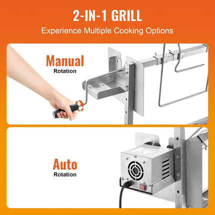 Rotisserie Grill with Windscreen, BBQ Whole Pig Lamb Goat Charcoal Spit Grill, 35 Inch 90 Lbs Capacity, Electric 42W Motor Stainless Steel Roaster with Lockable Wheels, for Camping Outdoor.