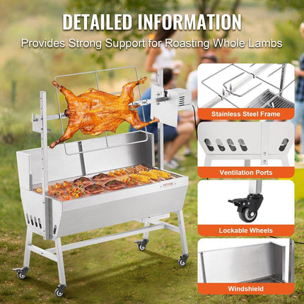 Rotisserie Grill with Windscreen, BBQ Whole Pig Lamb Goat Charcoal Spit Grill, 35 Inch 90 Lbs Capacity, Electric 42W Motor Stainless Steel Roaster with Lockable Wheels, for Camping Outdoor.
