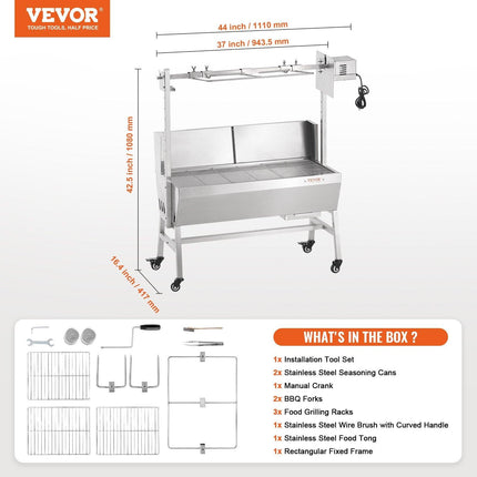 Rotisserie Grill with Windscreen, BBQ Whole Pig Lamb Goat Charcoal Spit Grill, 35 Inch 90 Lbs Capacity, Electric 42W Motor Stainless Steel Roaster with Lockable Wheels, for Camping Outdoor.