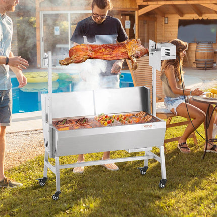 Rotisserie Grill with Windscreen, BBQ Whole Pig Lamb Goat Charcoal Spit Grill, 35 Inch 90 Lbs Capacity, Electric 42W Motor Stainless Steel Roaster with Lockable Wheels, for Camping Outdoor.