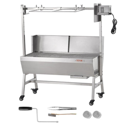 Rotisserie Grill with Windscreen, BBQ Whole Pig Lamb Goat Charcoal Spit Grill, 35 Inch 90 Lbs Capacity, Electric 42W Motor Stainless Steel Roaster with Lockable Wheels, for Camping Outdoor.