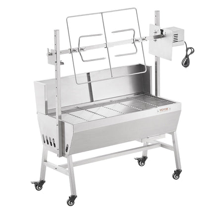 Rotisserie Grill with Windscreen, BBQ Whole Pig Lamb Goat Charcoal Spit Grill, 35 Inch 90 Lbs Capacity, Electric 42W Motor Stainless Steel Roaster with Lockable Wheels, for Camping Outdoor.
