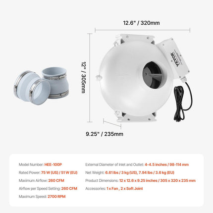 4" to 4.5" Radon Mitigation Fan System Quiet 260CFM Inline Duct Waterproof.