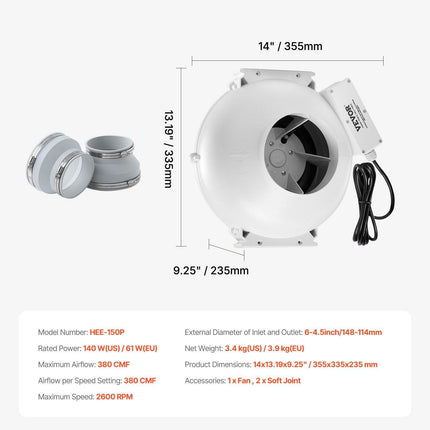 4" to 4.5" Radon Mitigation Fan System Quiet 380CFM Inline Duct Waterproof.