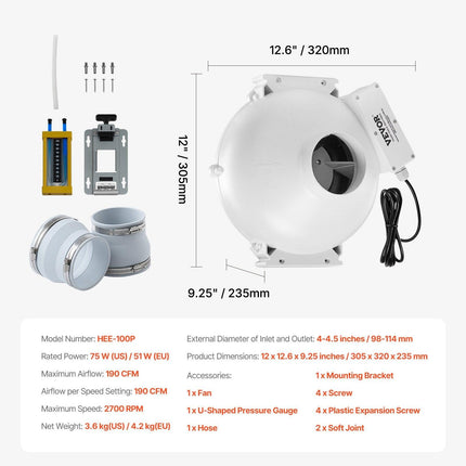 4" to 4.5" Radon Mitigation Fan System Kit Quiet 190 CFM Inline Duct Fan.