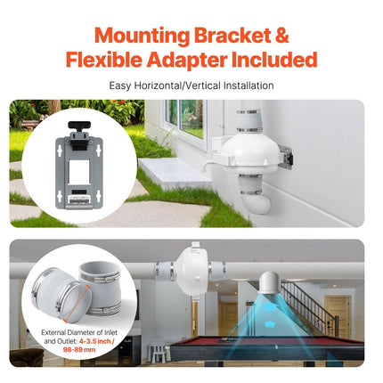 4" to 3.5" Radon Mitigation Fan System Kit Quiet 260 CFM Inline Duct Fan.