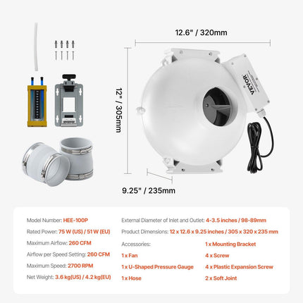 4" to 3.5" Radon Mitigation Fan System Kit Quiet 260 CFM Inline Duct Fan.