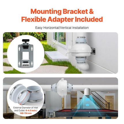 6" to 4.5" Radon Mitigation Fan System Kit Quiet 380 CFM Inline Duct Fan.