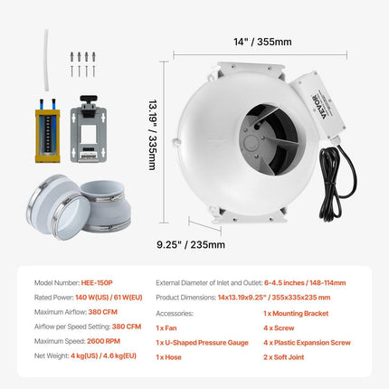 6" to 4.5" Radon Mitigation Fan System Kit Quiet 380 CFM Inline Duct Fan.