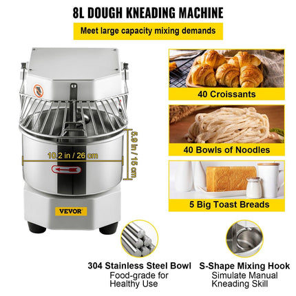 VEVOR Commercial Dough Food Mixer, 8L Large Capacity Stainless Steel Mixer with Bowel, Hook, Shield, Reset Button, 450W Tilt-Head Kitchen Dough Mixers for Cake, Cream, Egg Fluid, Fillings.