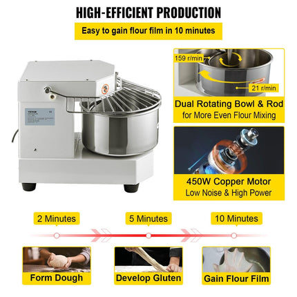 VEVOR Commercial Dough Food Mixer, 8L Large Capacity Stainless Steel Mixer with Bowel, Hook, Shield, Reset Button, 450W Tilt-Head Kitchen Dough Mixers for Cake, Cream, Egg Fluid, Fillings.