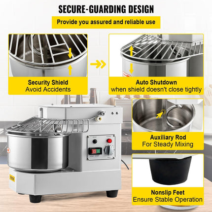 VEVOR Commercial Dough Food Mixer, 8L Large Capacity Stainless Steel Mixer with Bowel, Hook, Shield, Reset Button, 450W Tilt-Head Kitchen Dough Mixers for Cake, Cream, Egg Fluid, Fillings.
