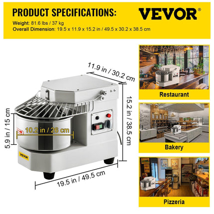 VEVOR Commercial Dough Food Mixer, 8L Large Capacity Stainless Steel Mixer with Bowel, Hook, Shield, Reset Button, 450W Tilt-Head Kitchen Dough Mixers for Cake, Cream, Egg Fluid, Fillings.