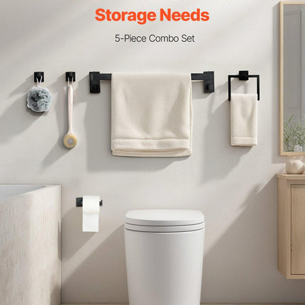 Matte Black Bathroom Hardware Set, 5 Pieces Stainless Steel Bathroom Accessories Set, 24-inch Towel Bar, Towel Rack, 2 Robe Towel Hooks, Toilet Paper Holder, for Bath Room, Wall Mounted.