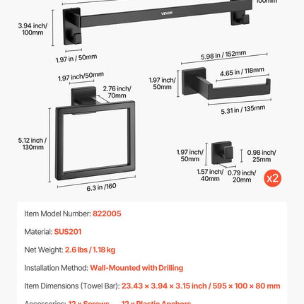 Matte Black Bathroom Hardware Set, 5 Pieces Stainless Steel Bathroom Accessories Set, 24-inch Towel Bar, Towel Rack, 2 Robe Towel Hooks, Toilet Paper Holder, for Bath Room, Wall Mounted.