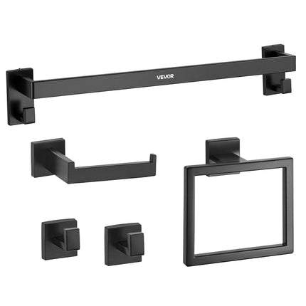 Matte Black Bathroom Hardware Set, 5 Pieces Stainless Steel Bathroom Accessories Set, 24-inch Towel Bar, Towel Rack, 2 Robe Towel Hooks, Toilet Paper Holder, for Bath Room, Wall Mounted.