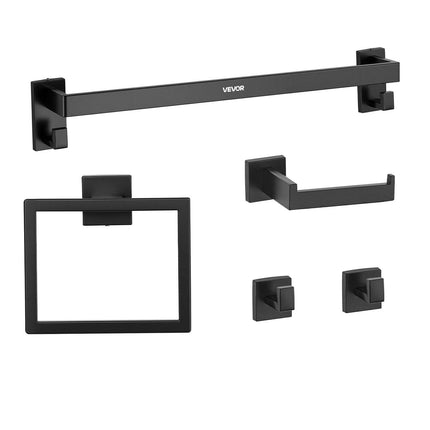 Matte Black Bathroom Hardware Set, 5 Pieces Stainless Steel Bathroom Accessories Set, 24-inch Towel Bar, Towel Rack, 2 Robe Towel Hooks, Toilet Paper Holder, for Bath Room, Wall Mounted.