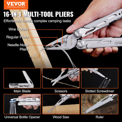 16-In-1 Multitool Pliers, Multi Tool Pliers, Cutters, Knife, Scissors, Ruler, Screwdrivers, Wood Saw, Can Bottle Opener, with Safety Locking and Sheath, for Survival, Camping, Hunting and Hiking.