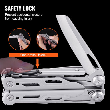 16-In-1 Multitool Pliers, Multi Tool Pliers, Cutters, Knife, Scissors, Ruler, Screwdrivers, Wood Saw, Can Bottle Opener, with Safety Locking and Sheath, for Survival, Camping, Hunting and Hiking.