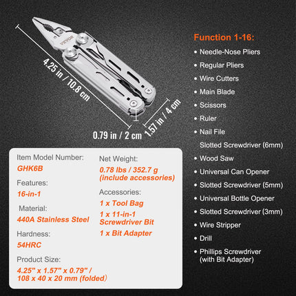 16-In-1 Multitool Pliers, Multi Tool Pliers, Cutters, Knife, Scissors, Ruler, Screwdrivers, Wood Saw, Can Bottle Opener, with Safety Locking and Sheath, for Survival, Camping, Hunting and Hiking.
