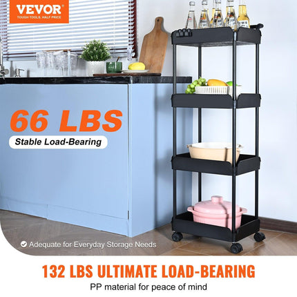4-Tier Kitchen Rolling Cart Basket Utility Cart on Wheel with Handle Black.